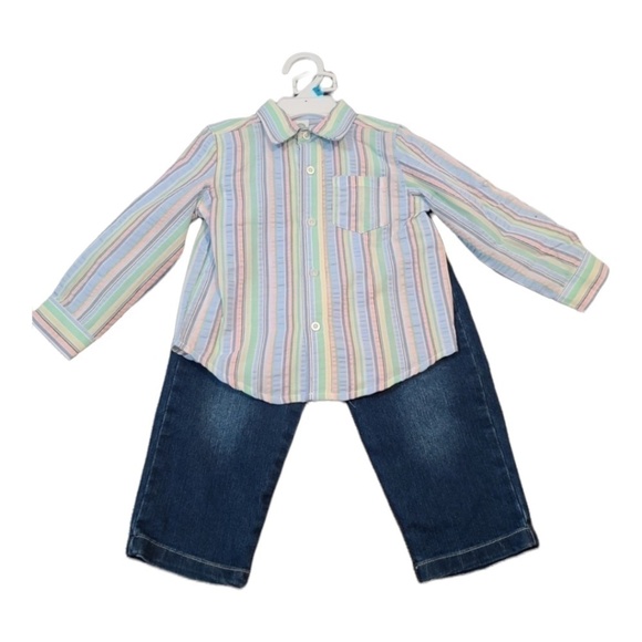 LITTLE Me Jeans and Striped Button Down Shirt Size 18 months - Picture 1 of 2